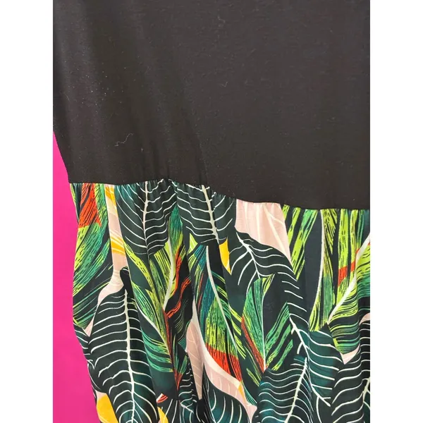Kancystore Womens Tropical‎ Leaf Print Maxi Dress Black Green Short Sleeve 2XL - Image 3