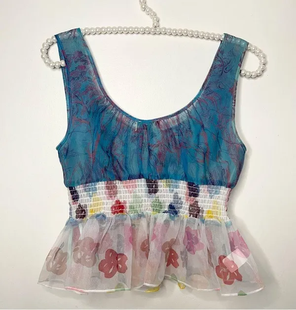 STAUD Blue and White Bustier Peplum Tank Top - Image 3