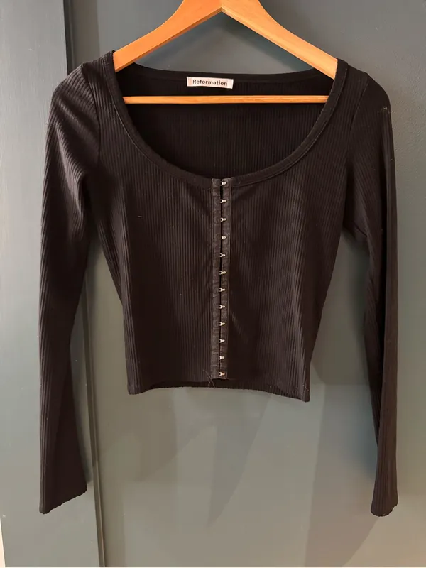Reformation Black Square Neck Long Sleeve Bodysuit Size Small Corset Detail - Image 2