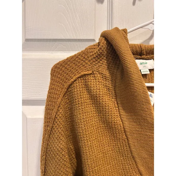Aerie Womens Mustard Yellow Waffle Knit Oversized V-Neck Pullover Hoodie L/G NEW - Image 2