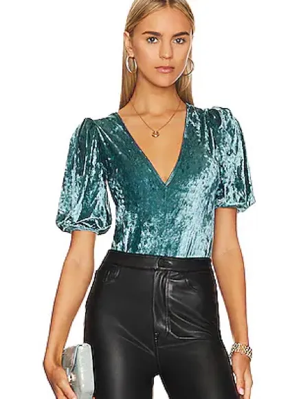 Free People Don’t You Wish Teal Crushed Velvet Puff Sleeve Bodysuit Large - Image 4