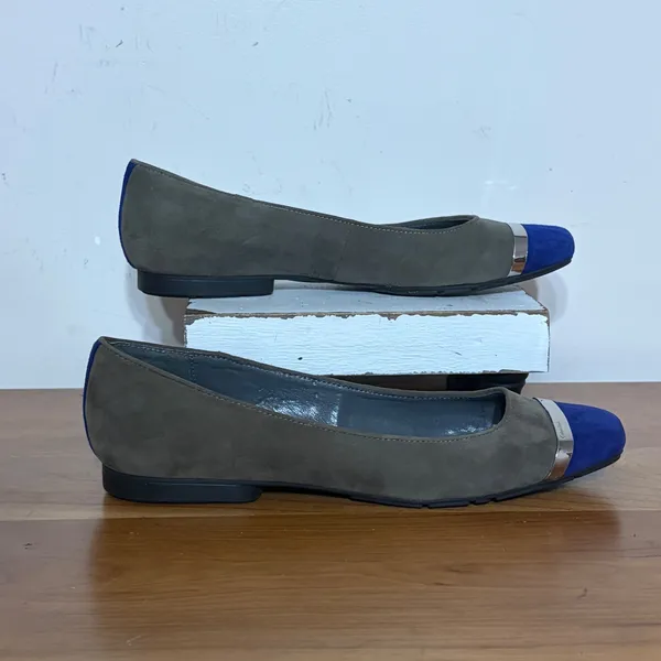 Calvin Klein Pash Suede Flats Olive Green Cobalt Blue Cap Toe Silver Detail 8M - Image 3