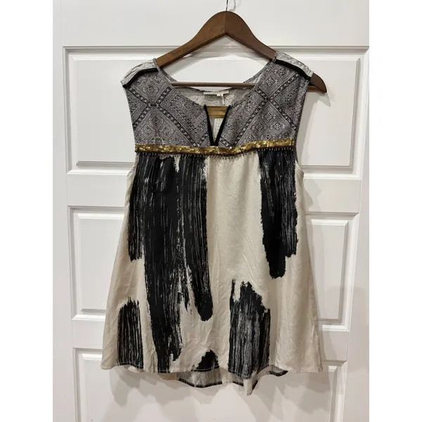 Anthropologie Floreat Cream Black Abstract Beaded Embellished Tunic Top Size 6 - Image 2