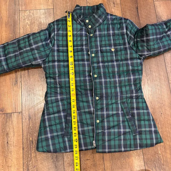 J. Crew Womens Puffer Jacket Size Small Green Tartan Plaid Zip Front (NO BELT) - Image 9