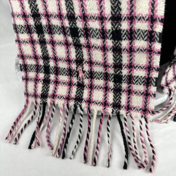Ralph Lauren Blue Label Pink Black White Plaid Scarf Lambswool Fringe Made Italy - Image 3