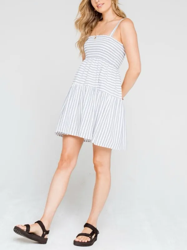 NWT Lumière x Urban Outfitters Blue Stripe Smocked Linen Mini Dress Size Small - Image 2