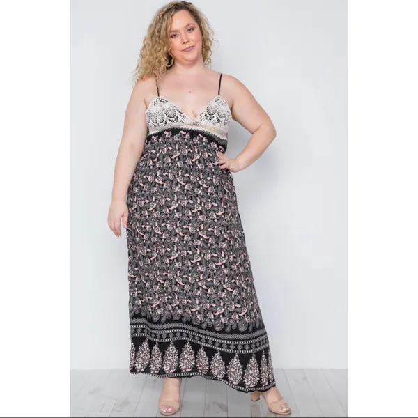 Ganji Paisley Crochet Spaghetti Strap Maxi Dress in Black/Cream Boutique NWT - Image 3