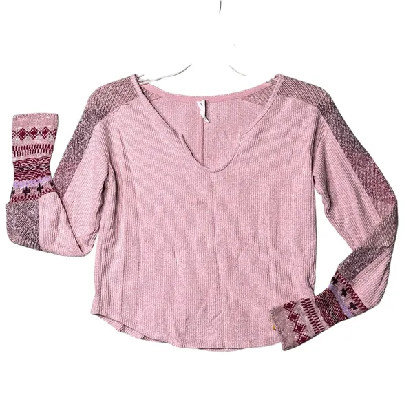 Daily Practice Anthropologie Shirt Womens XS Pink Waffle Knit Thermal Split Neck - Image 2