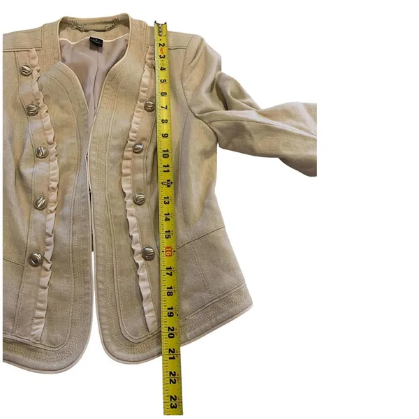 White House Black Market Metallic Ruffle Military Jacket Tan‎ Beige Utility 4 - Image 7