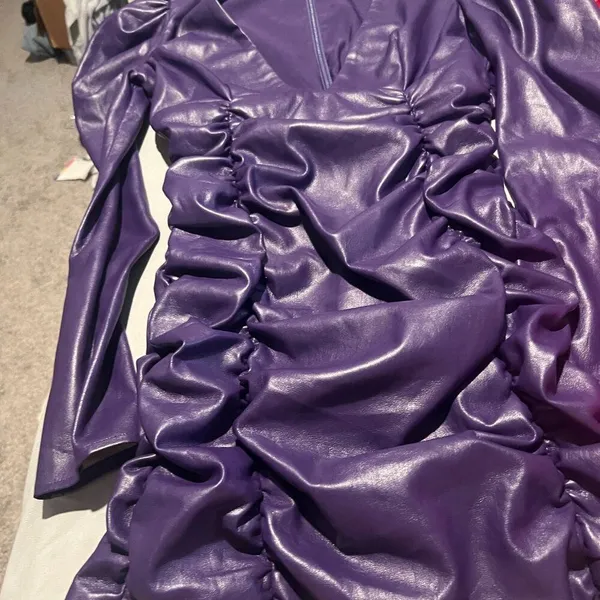 New Revolve Lovers + Friends Bardot Vegan Faux Leather Purple Mini Dress S‎ - Image 7