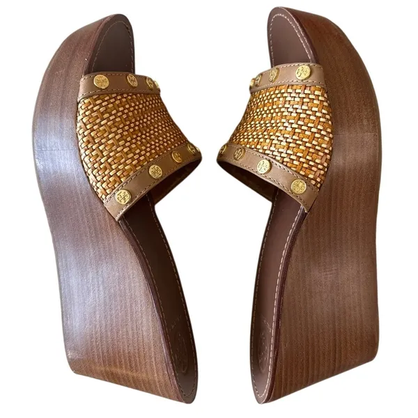Tory Burch Joanie Straw Wedge Slides Tan‎ Studded 9.5 Boho - Image 9