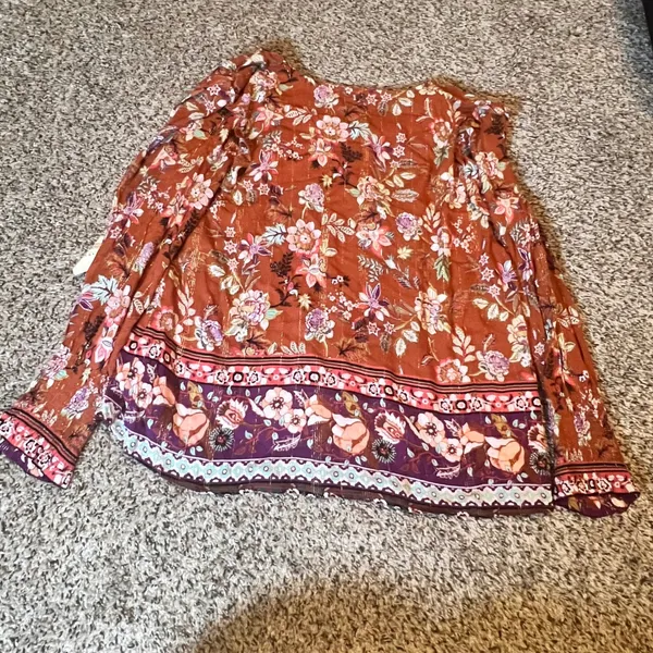 Farmers Market One World Rust Floral‎ Boho Peasant Top Metallic Lurex Tassels L - Image 6
