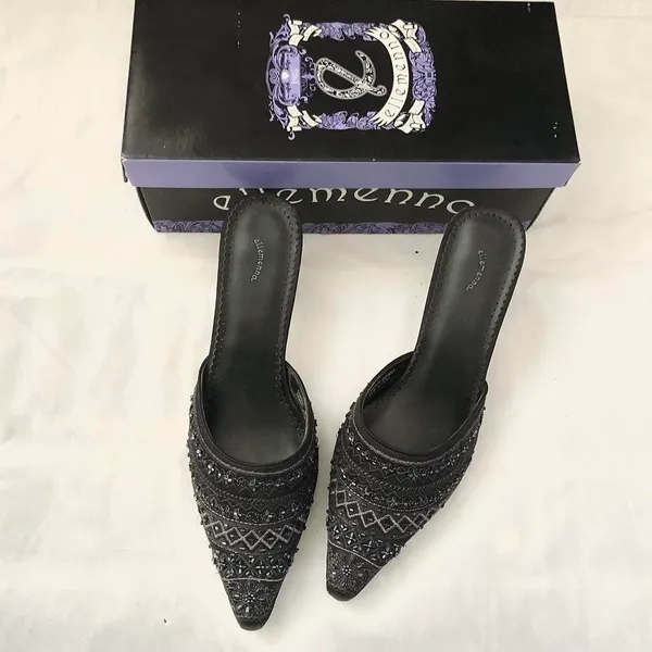2000s Y2K Whimsygoth Romantic Coquette Black mules kitten heels pumps sequins beading genuine leather. Glamorous embellished pointed-toe sandals-Women’s size 8 Approx 2.5” kitten heels #coquette #twee #fairycore #whimsygoth #dark - Image 3