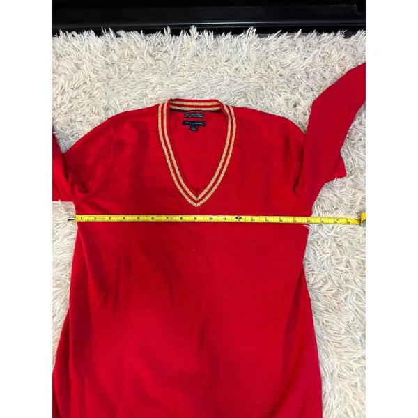 Vintage Tommy Hilfiger Red V Neck Sweater Gold Trim Pima Cotton‎ Blend Size M - Image 3