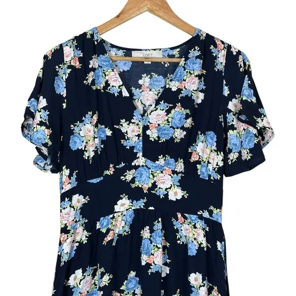 Loft Floral Knee‎ Length Dress Womens 4 Blue Viscose Dainty Romantic Boho Garden - Image 3