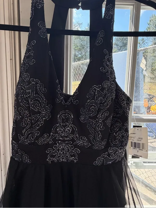 jcpenney Black Halter High-Low Evening Dress with White Embroidery New with Tag - Image 2
