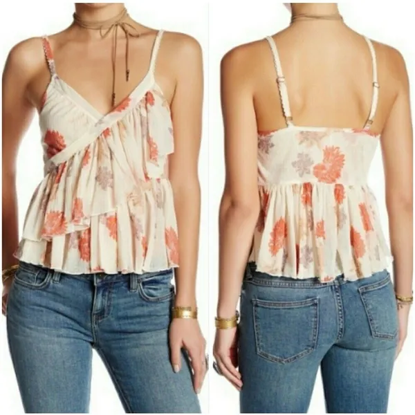 Free People Melbourne Ruffle Ribbed Tank Frilly Floral Tiered Fairy Size Medium - Image 2