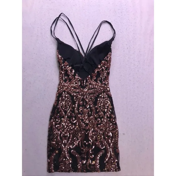 Windsor Mini Dress Womens Size 1 Black Rose Gold Sequin Damask Bodycon Cocktail - Image 11