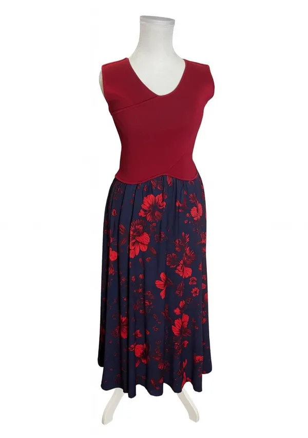 Sachin & Babi Crossover Red Knit Navy Floral Fit Flare Midi Dress Size 2 - Image 4