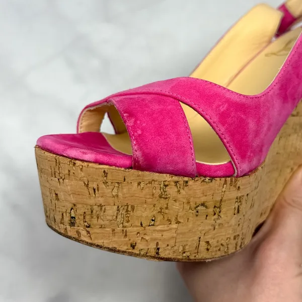 Christian Louboutin Reine De Liege Suede Cork Platform Wedge Slingback Sandal 37 - Image 6
