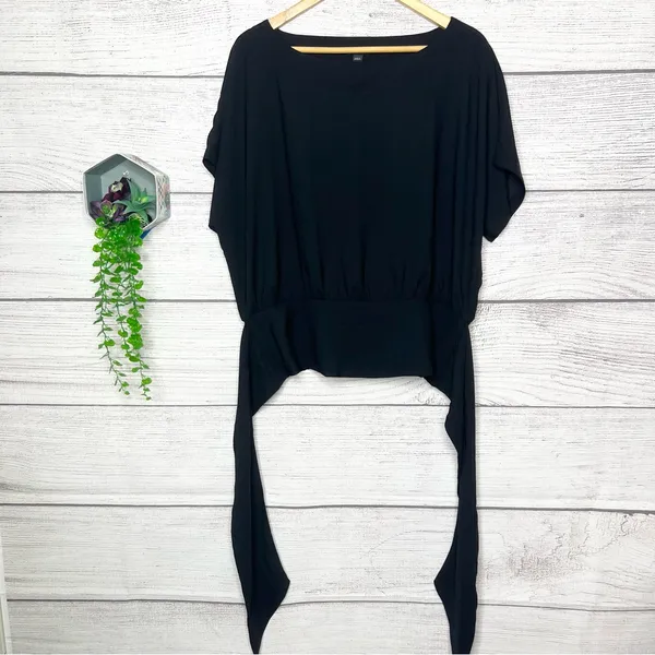 Ann Taylor Black Boatneck Dolman Sleeve Smocked Waist Tie Back Top Size Large - Image 2