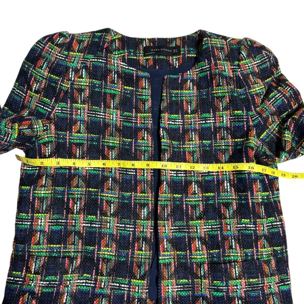 ZARA WOMAN Multicolor Plaid Tweed‎ Collarless Blazer Jacket Shoulder M - Image 5
