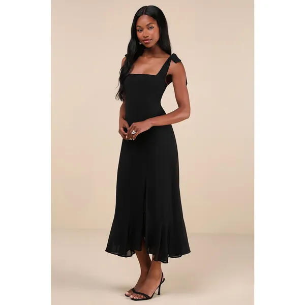 Lulus Summer Invite Black Tie-Strap Tiered Midi Dress Bridesmaid Holiday Small - Image 8