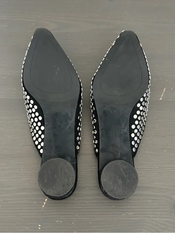 ZARA Black Studded Mules Size 37 Pointed Toe Kitten Heel Slip On Flats Chic - Image 10