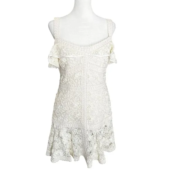 Alexis Linzi Ivory Lace Ruffle Mini Dress L Bridal Shower Bachelorette - Image 3