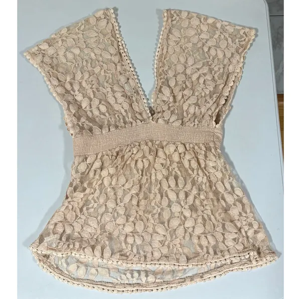 Tan Beige Floral Lace Y2K Babydoll Shirt Top Blouse Size S ✨ - Image 3