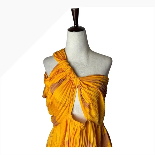 Isi Brown Dress women Medium Yellow Pleated One Shoulder Cutout Asymmetric‎ Midi - Image 6