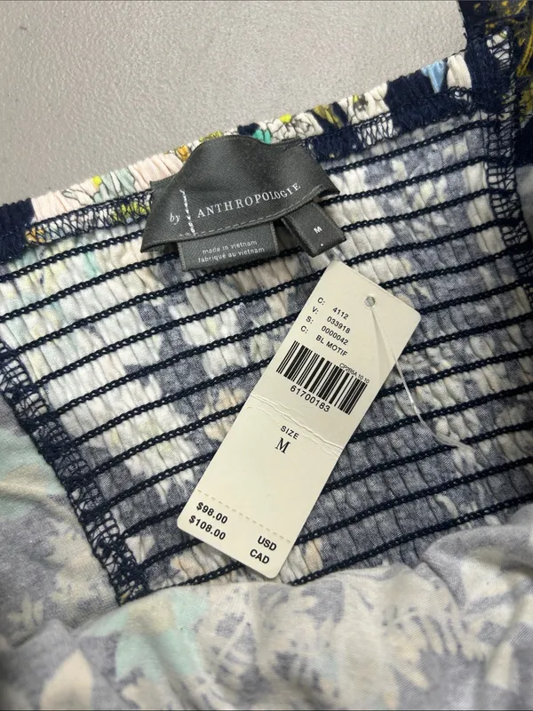 NEW Anthropologie Blue Floral Smocked Strapless Crop Top Yellow White Medium - Image 2