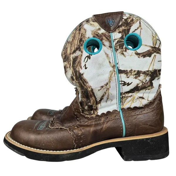 Ariat Fatbaby Camo Western Boots Brown Leather Teal Trim 10009503 Womens 7.5B - Image 5
