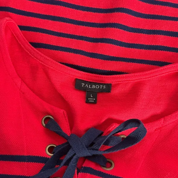 Talbots Shift Dress Size L Red Navy Striped Lace Up Knit Nautical Preppy‎ - Image 3