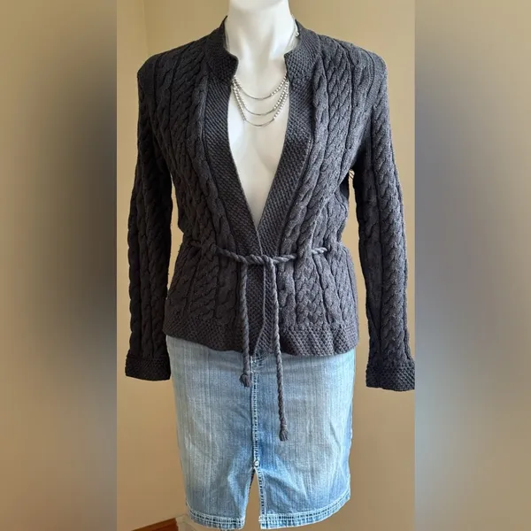 Willi Smith Gray Knit Cable Cardigan No Buttons with Belt 100% Cotton SZ S - Image 2
