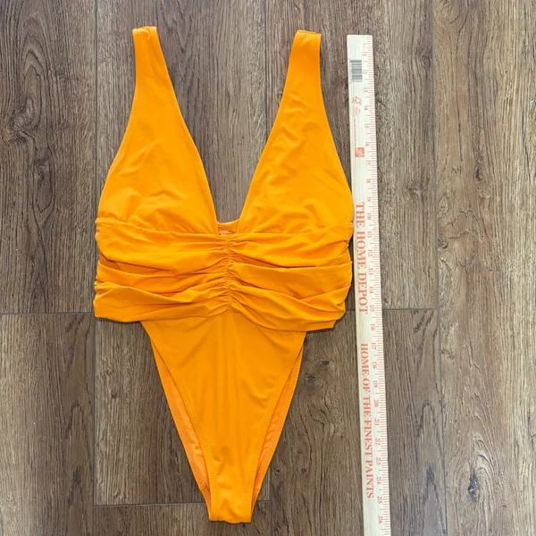 Aerie Shine Plunge Ruched One Piece Cheekiest Womens Large Orange Swimsuit beach - Image 3