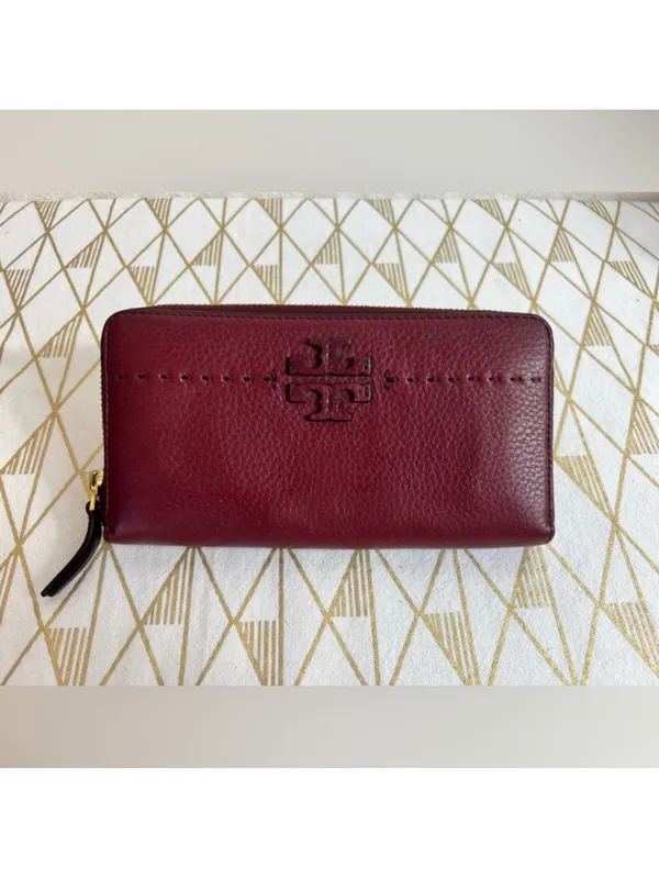 Tory Burch Deep Wine Pebbled Leather Half Zip Wallet - Image 2