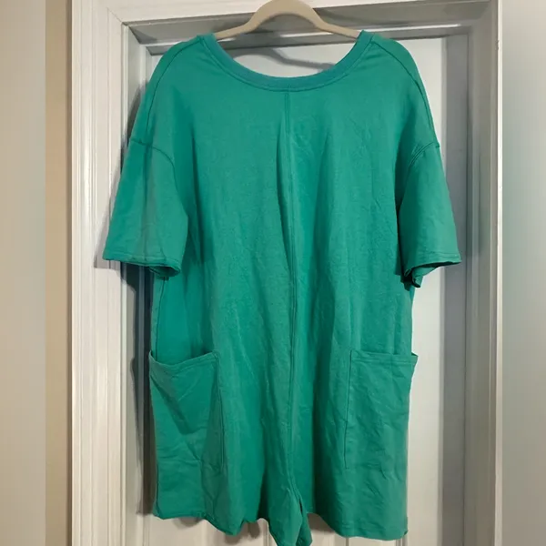 Teal V-Neck Short Sleeve Short T-Shirt Romper - Image 4