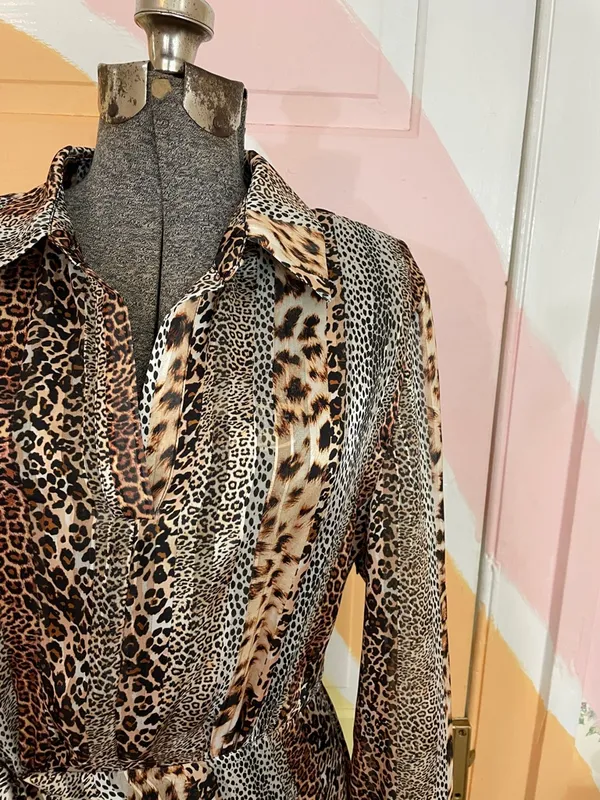 Sam Edelman Mixed Animal Print Satin Shirt Dress Semi Sheer Sz 8 💚🎀 - Image 7