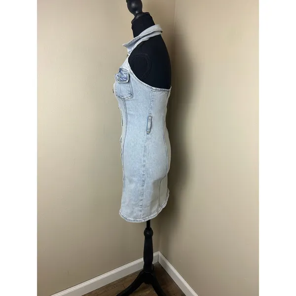 Y2K Forever 21 Light Blue Denim Halter Mini Dress Size XS Casual Cool Girl - Image 3