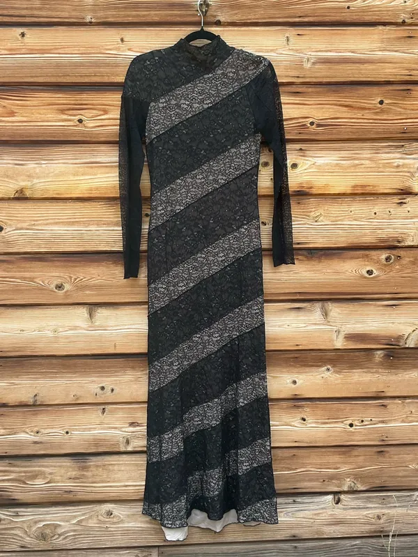 Alice + Olivia Black Nude Size 4 Lace Panel Long Sleeve Fitted Maxi Dress Gown - Image 5