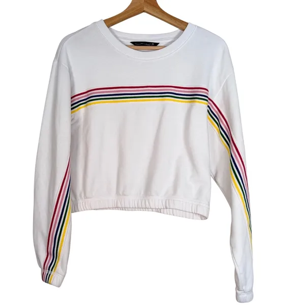 Abercrombie & Fitch Womens‎ XS White Rainbow Stripe Cropped Sweatshirt Pullover - Image 3