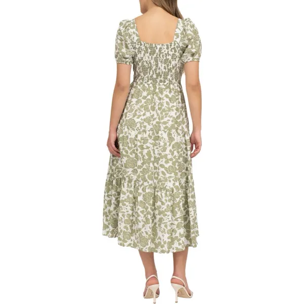 August Sky Olive Green Floral Puff Sleeve Smocked Midi Dress Size Large NWT - Image 7