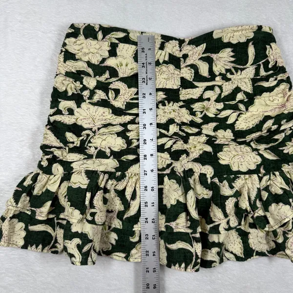 Zara Green Floral‎ Ruched Mini Skirt Tiered Ruffle Hem Linen Blend Size S - Image 4