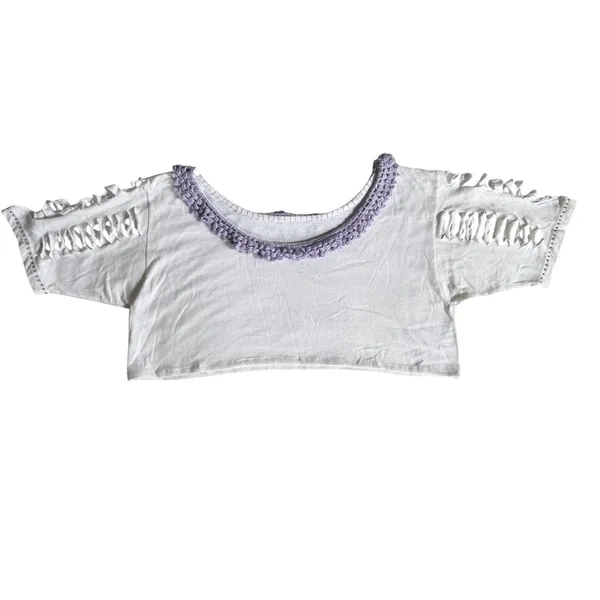 White Cropped Flirty T-Shirt Crochet Neck Trim Shredded Sleeves Festival Rave - Image 4