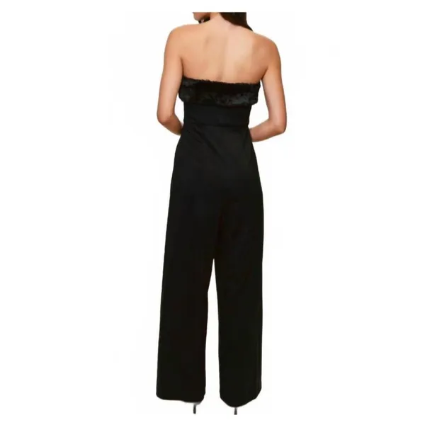 Anthropologie Hutch Faux Fur Trim Strapless Black Jumpsuit Size 14 Wide-Leg - Image 3