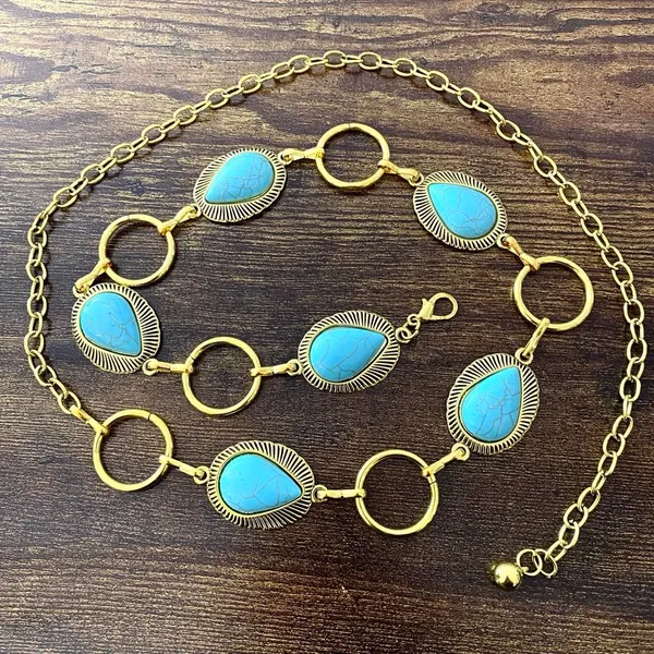 Gold Y2K Turquoise Western Boho Chain Belt, Fits 25.5-44.5 Inches, X7GA1271 - Image 6