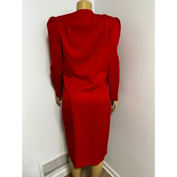 The Jones Girl Vintage 80s Red Double Breasted Puff Shoulder Sheath Dress 12 - Image 3