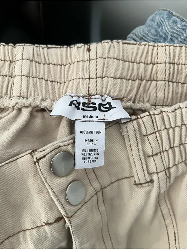 RSQ Wide Leg Baggy Pants Womens Medium Ecru Cargo Elastic Waist Cotton Utility - Image 14
