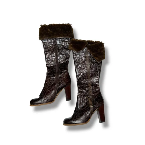 Charles David Embossed Leather Faux Fur Brown Boots 6.5 - Image 3